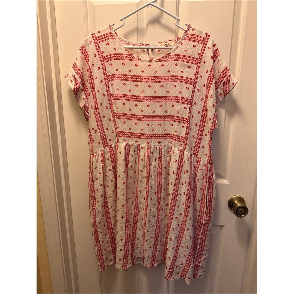 Entro Cream Midi Dress Rust Red Geometric Print Western Boho Pockets L